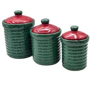 Green Speckled Canisters with Red Lids Set of 3 Farmhouse Rustic Retro VINTAGE